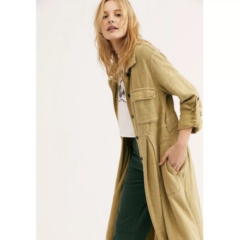 Free People Women’s Moss Green Rainz Duster Jacket Size Small - Picture 3 of 7